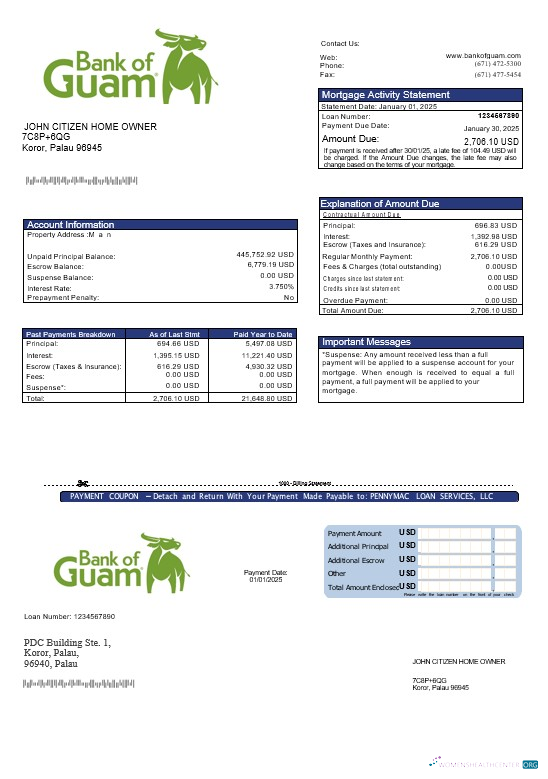 Download Palau Guamanian bank mortgage statement in Word and PDF formats Photoshop template